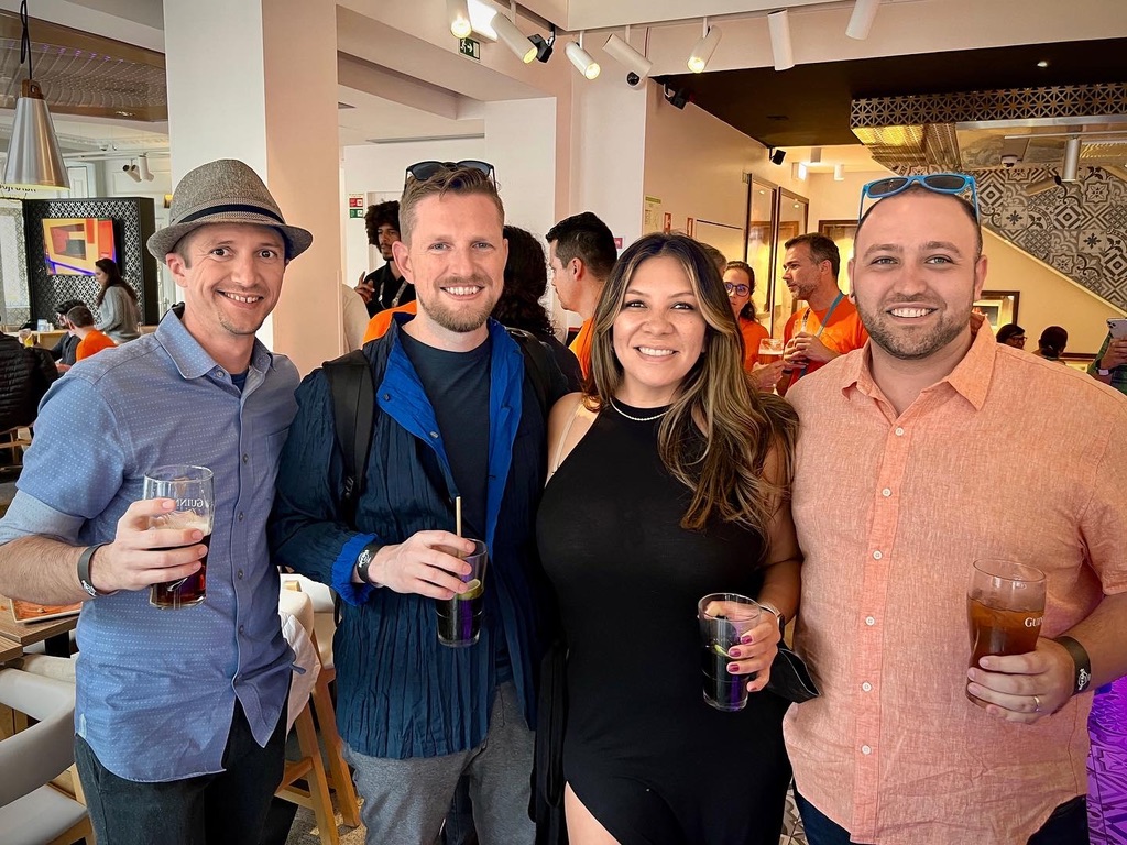 Aaron Campbell, Matt Mullenweg, Raquel, & Dave Ryan at the WCEU Pride Social.
